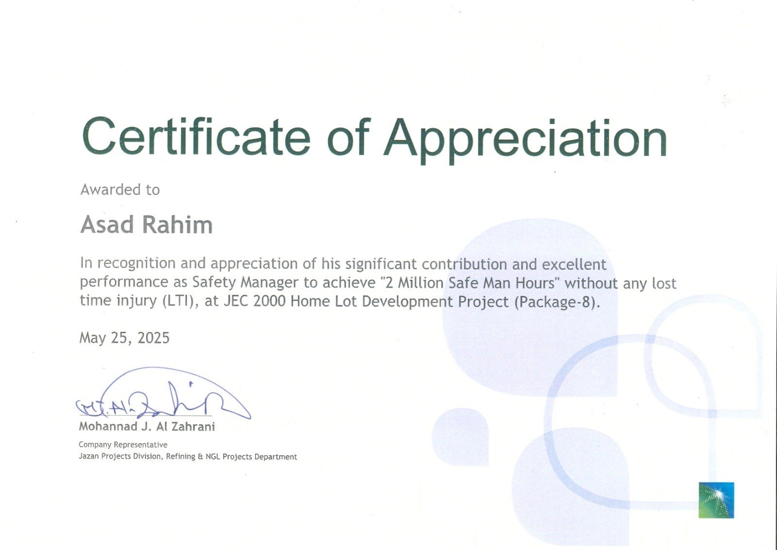 Certificate of Appreciation — 2 Million Safe Man-Hours without Lost Time Injury