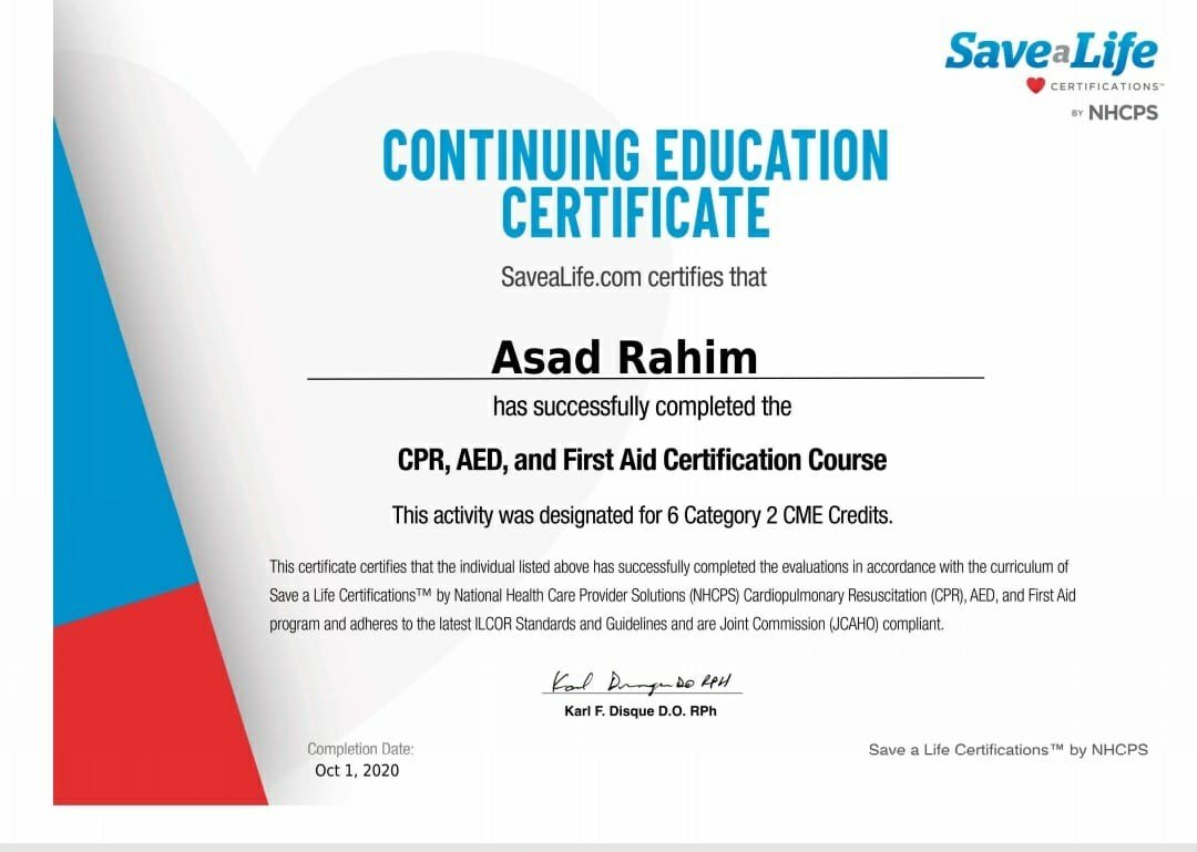 CPR AED First Aid Certificate