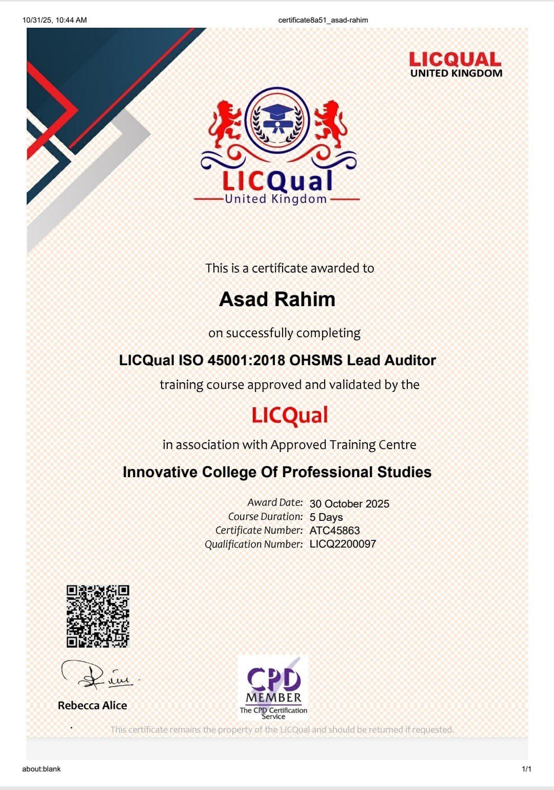 ISO 45001 Lead Auditor Certificate