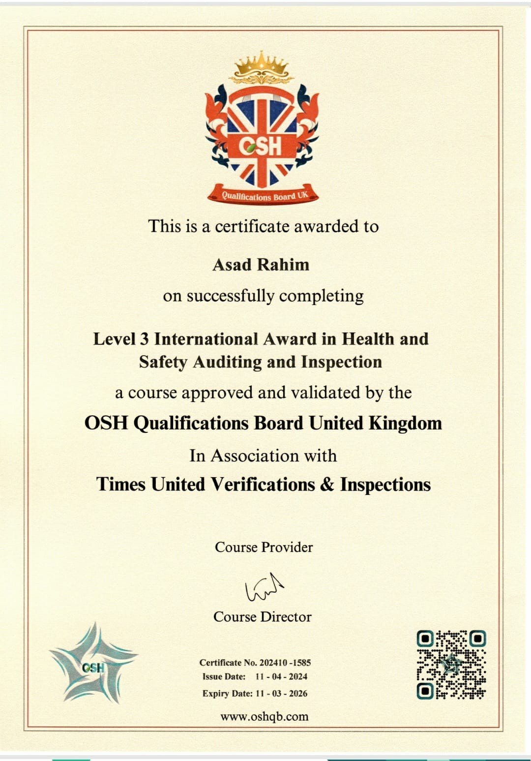 OSH UK Level 3 Certificate