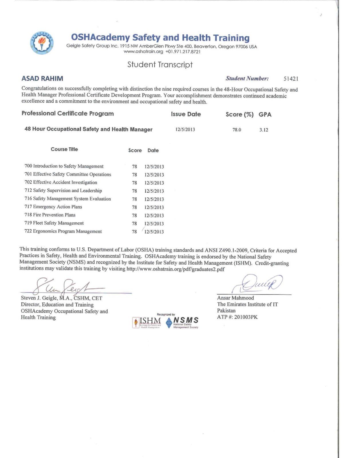 OSHAcademy Certificate