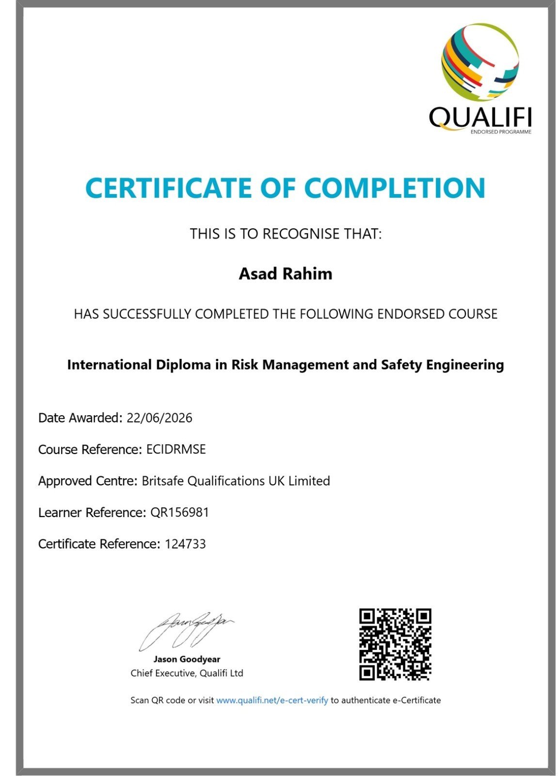 International Diploma in Risk Management and Safety Engineering Certificate
